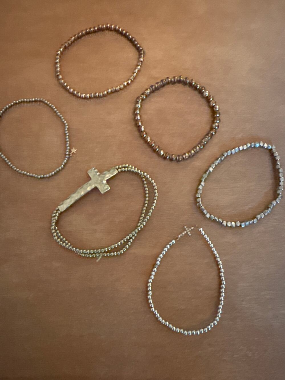 Set of 6 bead Bracelets mixed metals gold silver copper cross star